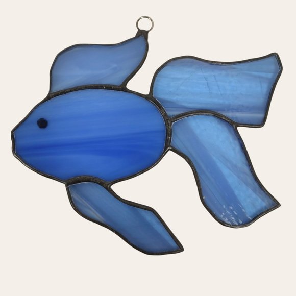 Vintage Stained Glass Gold Fish Beta Fish PAIR Sun Catchers Orange Blue Handmade - Picture 4 of 6